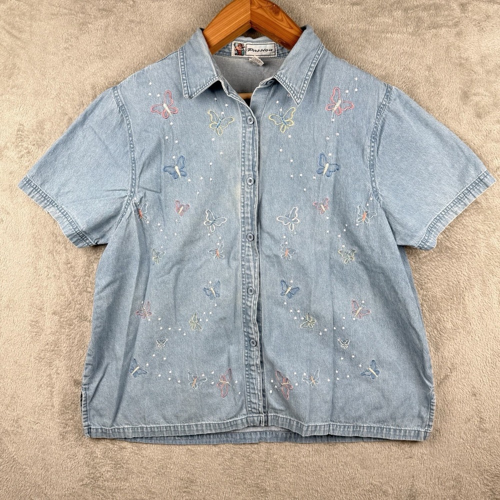 Passion Button Down Top Women XL Embroidered Butterflies S/S Chambray Cotton VTG